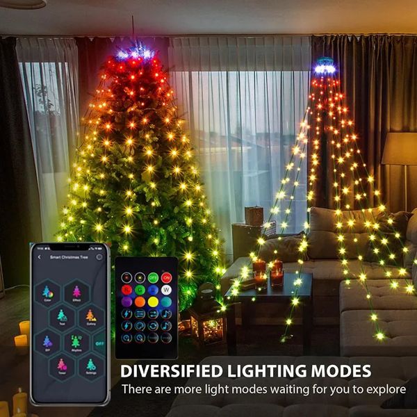 Decorazioni natalizie Luci intelligenti per l'albero di Natale Fata RGB LED Luci a stringa stella Bluetooth APP Ghirlanda a cascata per Natale Cortile domestico Decorazioni natalizie 231207