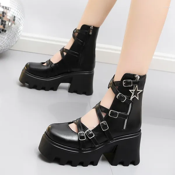 Kleid Schuhe 2023 Mode Chunky Heels Punk Mary Jean Sommer Schnalle Zipper Solide Pumps Einfach Kausalen Komfort Spaziergang Weibliche Sandalen