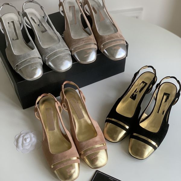 Chanellies Chanelity Sandal Kadın Klasik Chandal Slingbacks Keçi Hakkında Kap Toe 2tone Bej Siyah Blok Topuklular Pompa Ayakkabıları Vintage Chan Interlocking C Mary Jane Balle