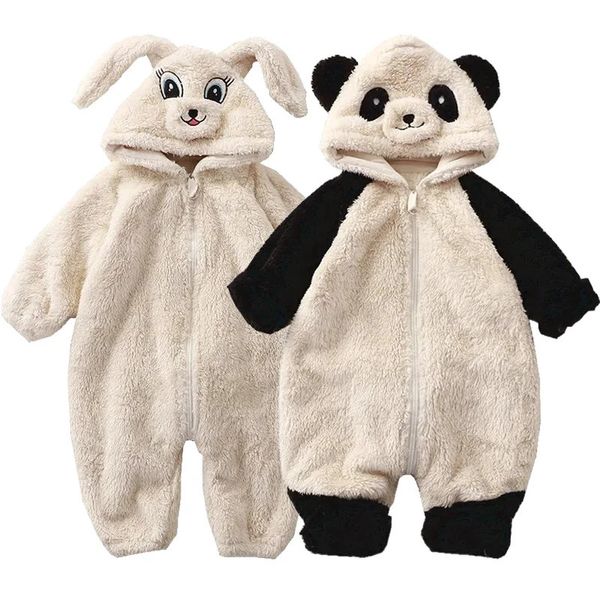 Strampler Baby Winter Strampler Fleece Cartoon Panda Bunny Kapuzenoverall für Jungen Mädchen Kleidung Weiche Loungewear Verdicken Kleinkind Säugling Onesie 231207