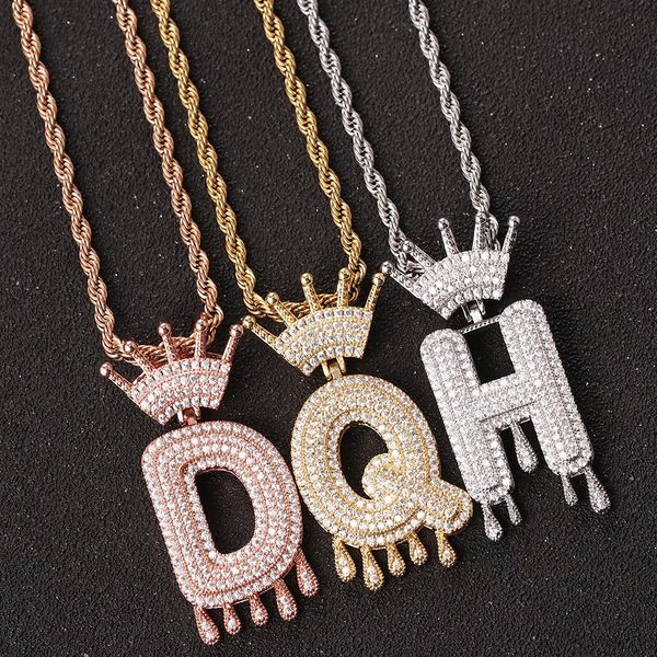 Collane con ciondolo Moda Hip Hop Iced Out Bling Cubic A Z Drip Crown Zircone Lettere Catena per gioielli da uomo 231208