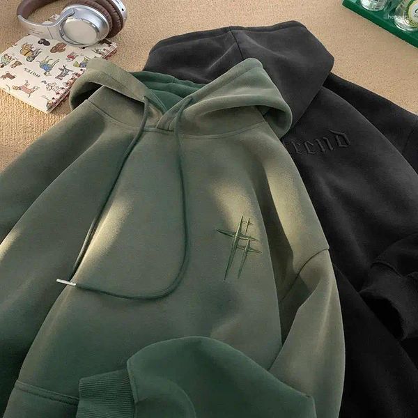 Hoodies masculinos M-3XL Europeu Americano Retro Verde Suéteres Roupas Primavera Outono Casal Solto Bordado Grande Bolso Roupas