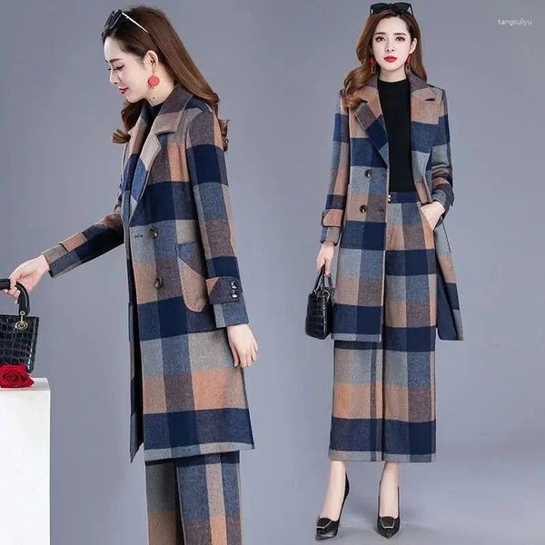 Frauen Zwei Stück Hosen Mischung Wolle Mantel Anzüge Einzel/Anzug 2023 Herbst Und Winter Temperament Woolen Plaid Breite bein Zwei-stück Sets