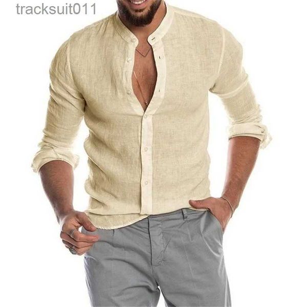 Homens camisetas Moda masculina casual camisa de cor sólida botão de linho algodão confortável diário top longo sle camisa l231208