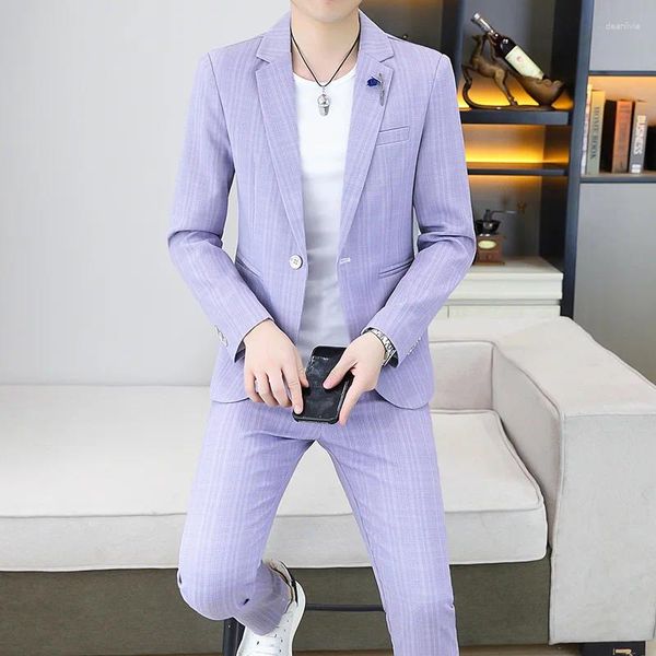 Erkekler Takımlar 2023 High Calition Stylish ve Yakışıklı Gençlik Günlük (Suit Pantolon) Takım Erkek İki Parçalı Çizgili Kore İnce