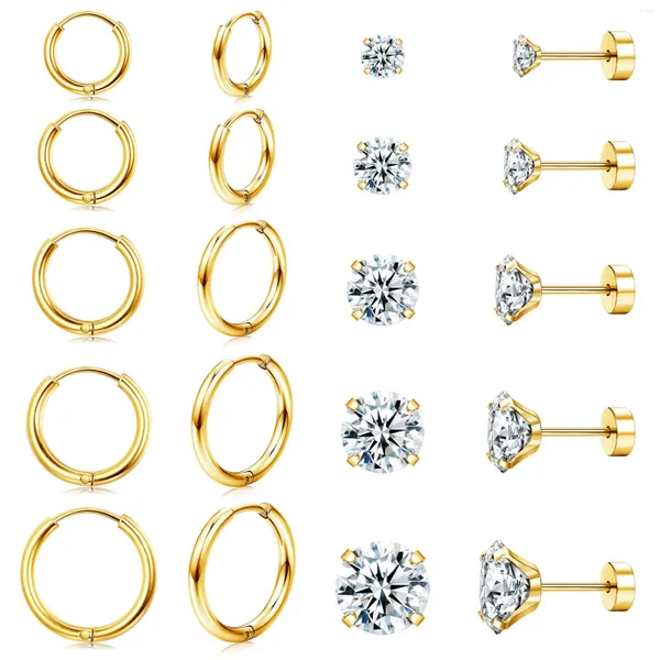 Brincos de pino 10 pares de aço inoxidável 18G com parte traseira plana minúscula CZ cartilagem piercing múltiplo pequeno conjunto de argola dourada