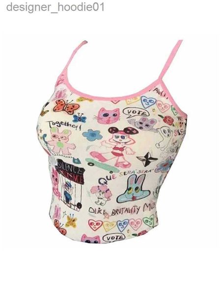 Tanques femininos camis verão mulheres y2k streetwear kaii gráfico camisola halter harajuku espartilho colheita topo moda coreana sexy gyaru 2000s coquette l231208