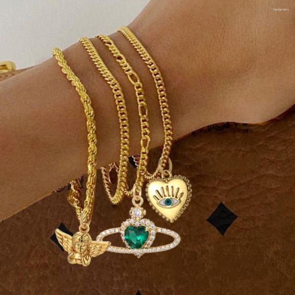 Charme pulseiras lua estrela pulseira para mulheres mau olho azul corrente de aço inoxidável bonito coração cobre balançar ouro cor moda pulseira