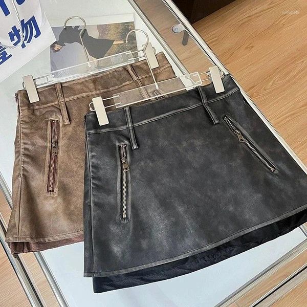 Etekler vintage pu kahve mini fermuar Kore tarzı seksi ince a-line kısa deri skort