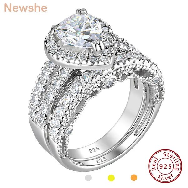 Anéis de casamento ela 925 prata esterlina anéis de noivado de casamento conjunto para mulheres corte de pêra aaaaa cz imitação de diamante jóias de noiva 231208