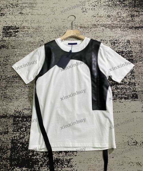xinxinbuy Herren Designer T-Shirt Prägebuchstabe Lederweste Kurzarm Baumwolle Damen Schwarz Weiß Blau Grau Rot S-3XL