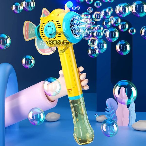 Giochi di società Artigianato Macchina automatica per bolle per bambini Mulino a vento Pistola Giocattoli Creatore per bambini Ventilatore con luce a led all'aperto 231207