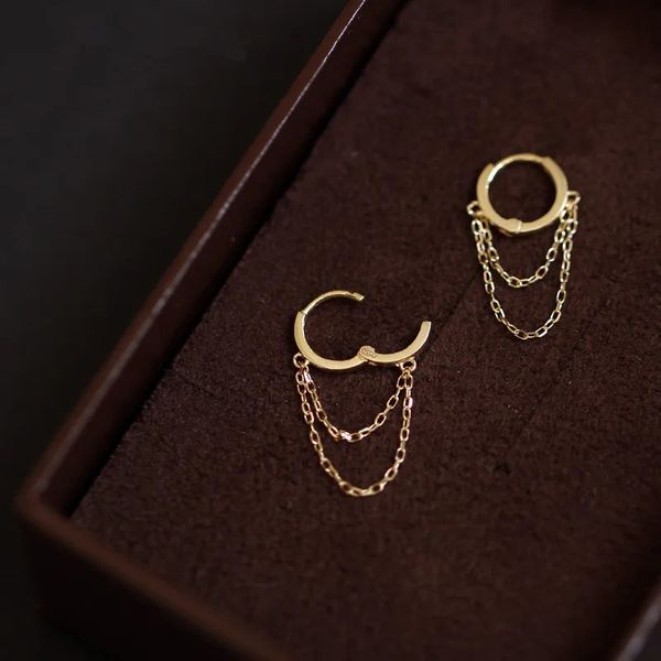 Hoop Huggie GOLDtutu-Double Dangle Drop Earring Minimal Jewelry Solid Gold Quaste Chain Style 9K kj235 231207
