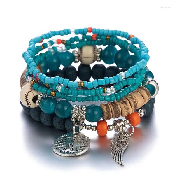 Braccialetti di collegamento Bohemian Multicolor Blu Perline di cristallo Donne Ragazze Elastico Nappa Ala Lettere Braccialetto di corda Pulseira Feminina