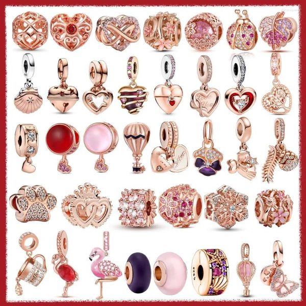 Pedras preciosas soltas rosa ouro encantos 925 prata esterlina flamingo balançar conchas pingente contas caber pulseiras originais jóias diy feminino