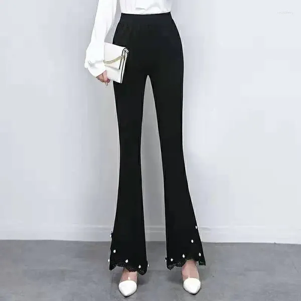 Pantaloni da donna Office Lady Fashion Versatile nero Slim Flare Coreano Primavera Autunno Donna Vita alta Pantaloni eleganti casual con perline per unghie