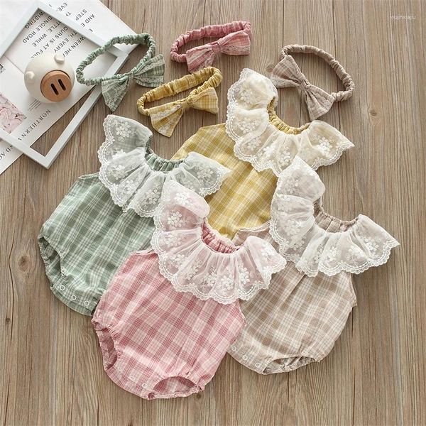 Strampler Plaid Spitze Born Baby Bodys Sommer Ärmellose Overall Für Kleinkind Kleinkind Mädchen Onesie 2 stücke Mit Stirnbänder