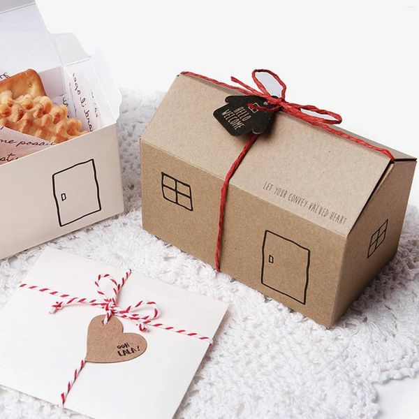 Envoltório de presente 10 pcs branco marrom casa forma caixa de doces pacote de biscoitos com fita para aniversário casamento natal festa favor suprimentos