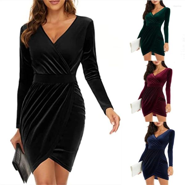 Casual Kleider Damen Herbst Winter Samt Lange Ärmel Sexy V-ausschnitt Party Club Outfit Röcke Wrap, Figurbetontes Kleid Robe Vestidos De Mujer