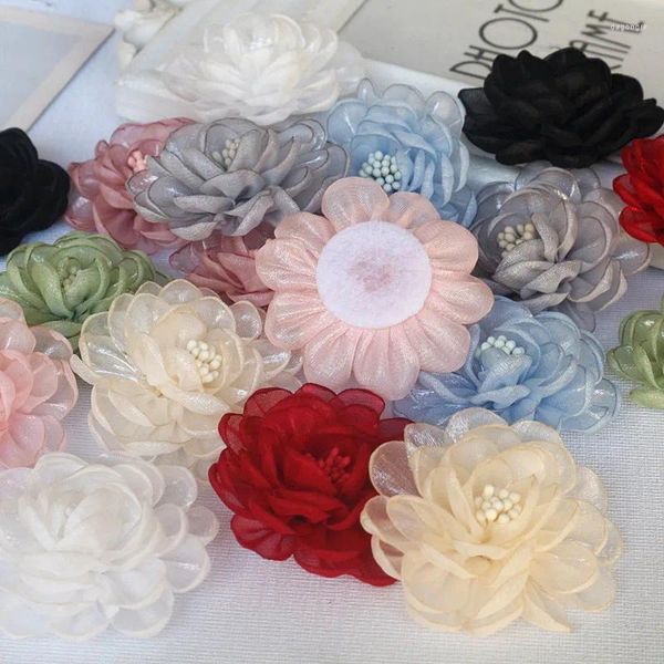 Fiori decorativi 5 pezzi 5,5 cm tessuto di organza con anima rosa garza artificiale fiore testa di seta per abito da sposa fai da te decorazioni per la casa