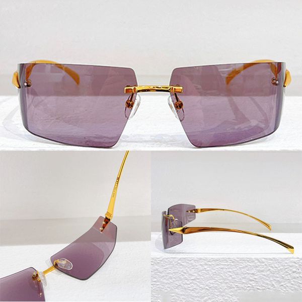 Sonnenbrille mit leicht gebogenem, ultraleichtem Metallrahmen. Rahmenlose Gläser, Bügel mit eingravierten Dreiecken. PR161S, quadratische Form, modisch für Männer und Frauen