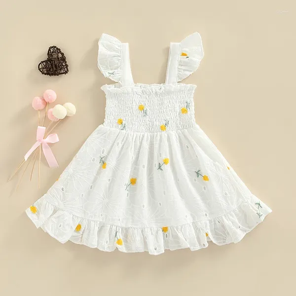 Vestidos da menina da criança do bebê vestido de manga flor bordado padrão oco ruched a linha para roupas infantis de verão