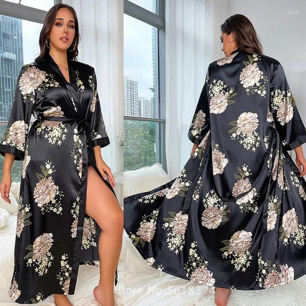 Damen-Nachtwäsche PLUS GRÖSSE 5XL Sexy Love Print Blume Lange Robe Nachthemd Kimono Bademantel Kleid Elegante Frauen Satin Home Dressing
