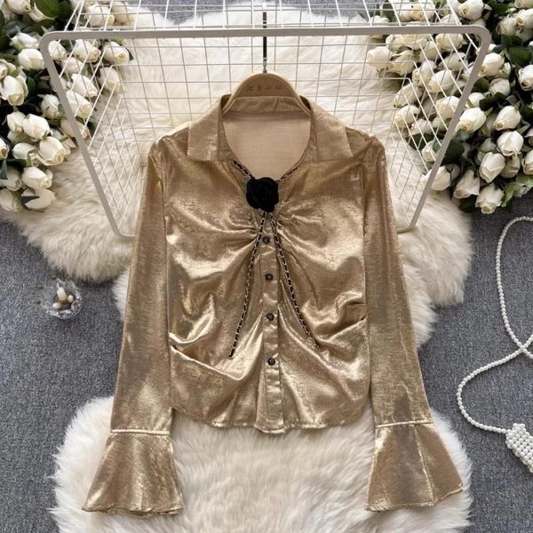 Женские блузки Осенняя модная блузка для женщин с 3D цветочным узором и отложным воротником с лацканами, рубашки с длинными расклешенными рукавами, французский шикарный женский топ