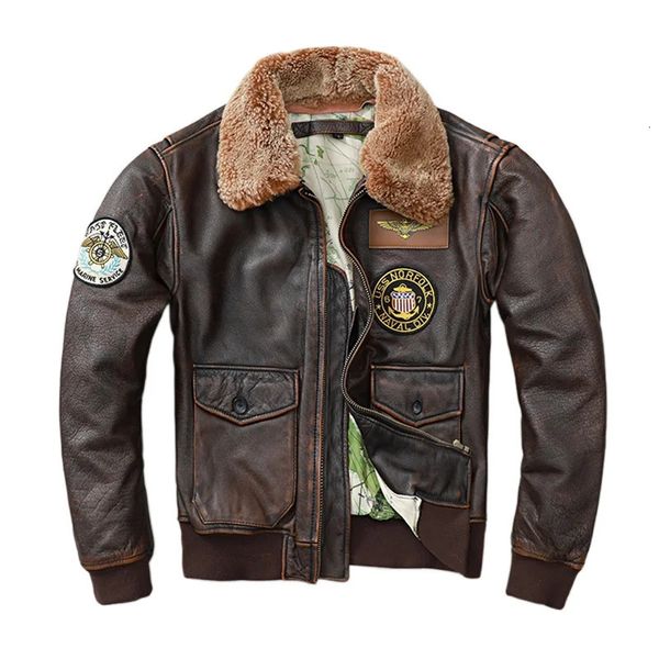 Jaquetas masculinas Vintage Vermelho Marrom Genuíno Vaca Couro Jaqueta Homens Removível Natural Fur Collar Flight Air Force Pilot Mens Casaco Inverno 231207