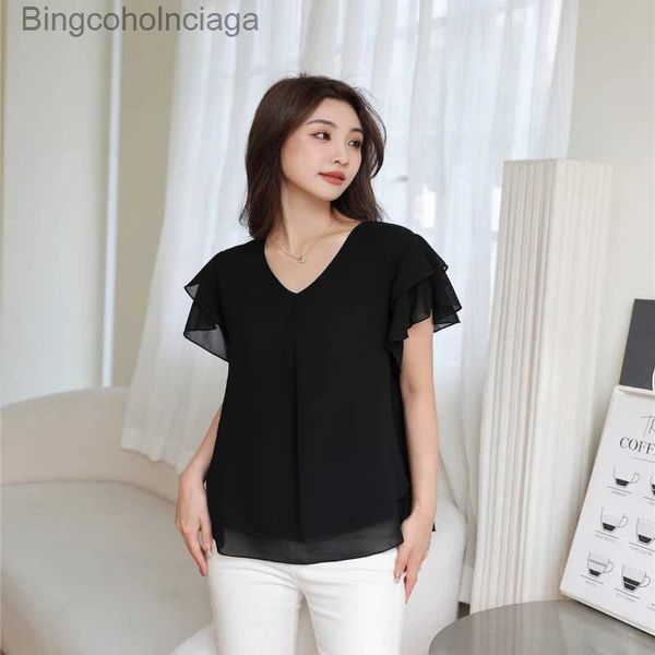 T-shirt das mulheres Marca de moda Mulheres Blusa Verão Solto Plus Size Curto Sle Chiffon Top Branco Top Estilo Ocidental Camisa Blusa Jer Mulheres TopsL231212