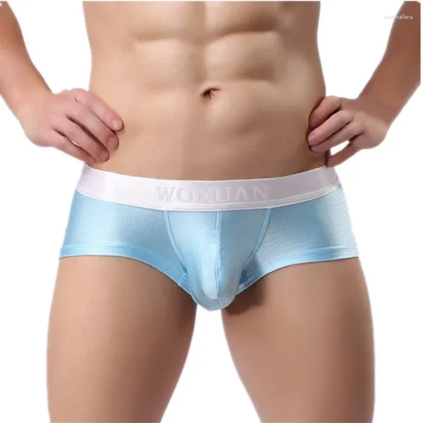 Cuecas woxuan marca homem sexy seda desliza mini boxers shorts roupa interior gay masculino bulge bolsa troncos calcinha