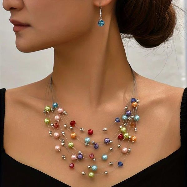 Collana di orecchini set di perline colorate multistrato etnico per le donne Bomboniere di personalità di gioielli in cristallo di perla simulata