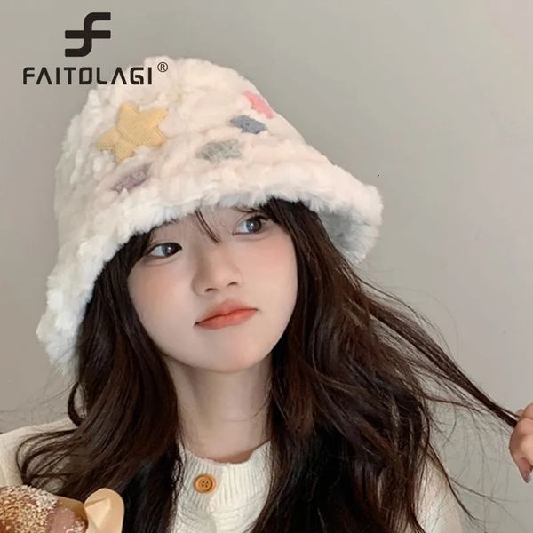 Chapeaux larges chapeaux seau mignon étoile peluche pêcheur chapeau coréen fille agneau polaire panama bassin casquette hiver chaud oreille protection bob casquettes femmes fourrure 231208