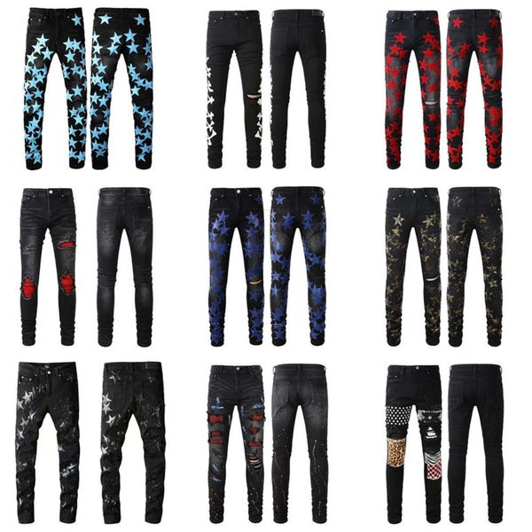 Jeans da uomo Jeans strappati neri Designer Skinny Fit effetto consumato Strappato per uomo Pantaloni strappati Patchwork danneggiato Cerniera lunga Distress Denim distrutto Gioventù Slim Foro dritto