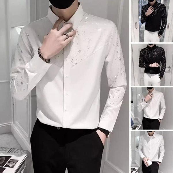 Camisas casuais masculinas Slim Fit Lapela Camisa Elegante Lantejoulas Estrela Patchwork Cardigan com Gola Virada para Baixo Macio Respirável Longo para Mid