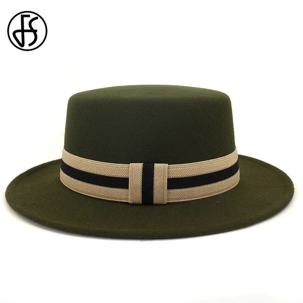 Ampla borda chapéus balde fs homens mulheres lã feltro fedora bowler chapéu com faixa de fita elegante festa plana jazz boné preto vermelho exército verde 231208