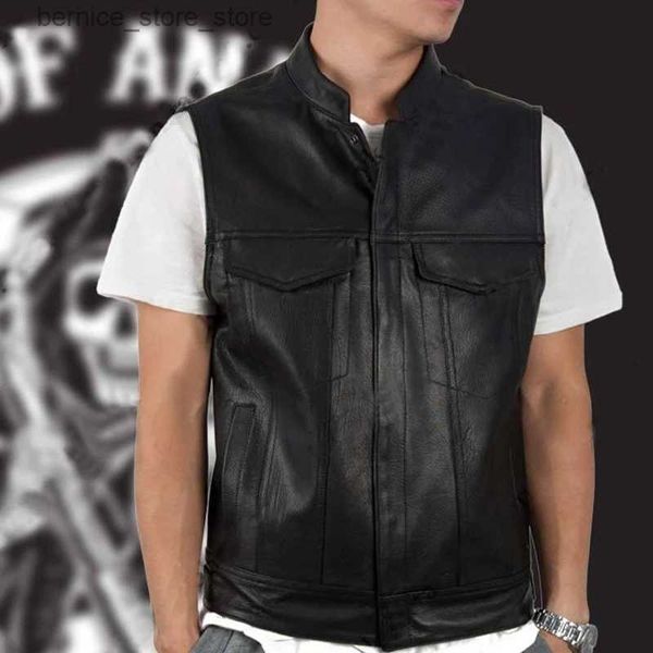 Coletes masculinos colete preto roupas colete de couro do plutônio cavalheiro sem mangas colete de colarinho de pé para roupas masculinas q231208