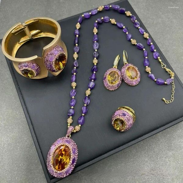 Collana Orecchini Set Pietra naturale del Sudan che cambia colore intarsiata con accessori per banchetti da donna di moda squisita viola originale in 4 pezzi