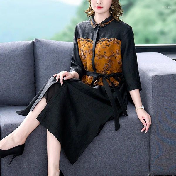 Vestidos casuais amoreira seda solta cardigan chinês retalhos vestido de outono elegante cintura alta a linha coreana vintage senhora