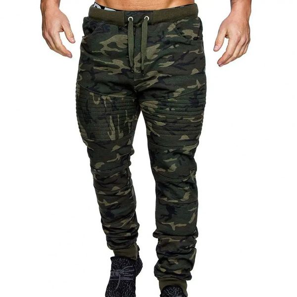Calças masculinas casuais calças masculinas camuflagem impressão cintura elástica cordão primavera tornozelo faixa de desgaste resistente sweatpants para esportes 231207