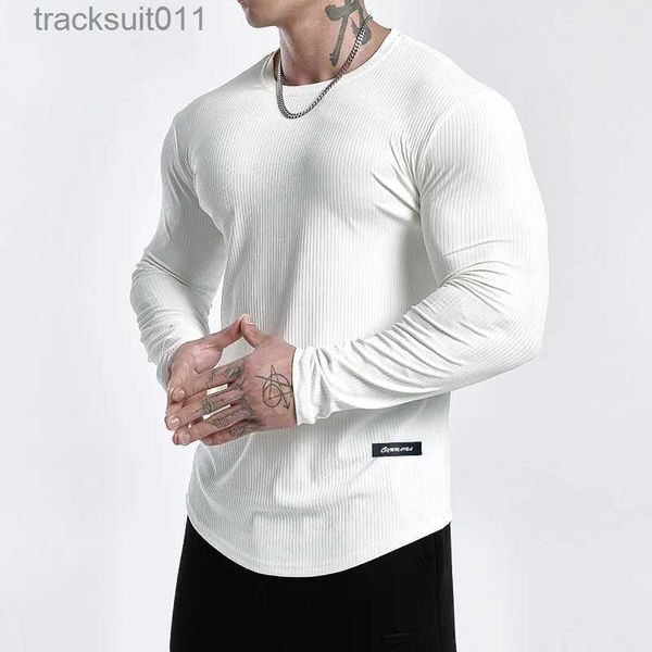 Мужские футболки Мужские рубашки с круглым вырезом Легкие облегающие футболки с длинными рукавами для тренировок в тренажерном зале Мягкие футболки для бодибилдинга L231208