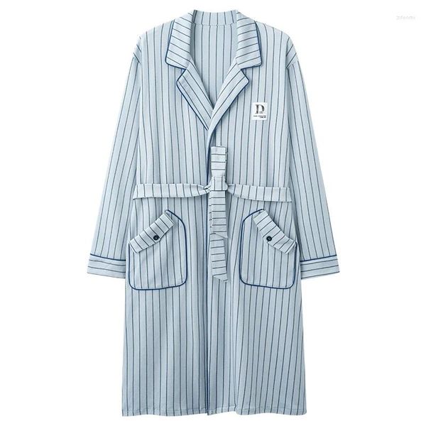 Indumenti da notte da uomo Primavera/Autunno Camicia da notte da uomo Kimono Accappatoio Abito da notte in puro cotone con scollo a V Intimo Lingerie Casual a righe