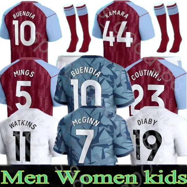 23 24 Jerseys de futebol Kids Kit Home Aston Villas Camisa de futebol Treinamento Away Fãs Jogador Versão Camisetas MINGS McGINN BUENDIA WATKINS Maillot para venda Pé