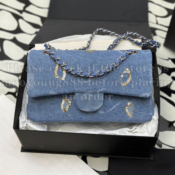 12A Upgrade Mirror Designer di qualità Piccola borsa classica con patta 25 cm Borse da donna ricamate in denim blu Borse con paillettes di lusso Borsa a tracolla con catena a tracolla con scatola