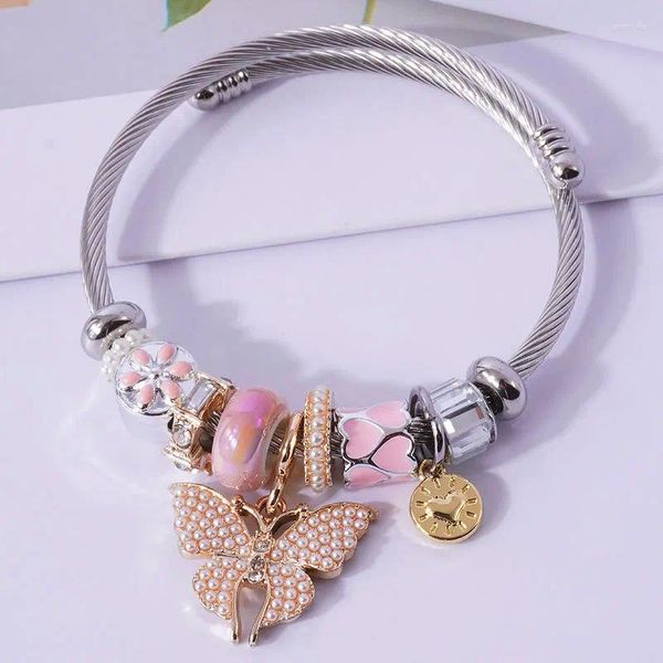 Charme Pulseiras 1 PCS Bonito Borboleta Pingente Pulseira De Aço Inoxidável Fio Pérola Bead Jóias Mulheres Cuff Open