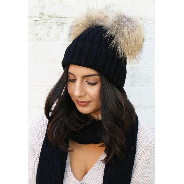 Due pompon cappelli invernali lavorati a maglia in pelliccia per le donne pompon in pelliccia sintetica cappello beanie femminile ragazze carine berretti caldi in lana Gorro Bonnet Femme231J