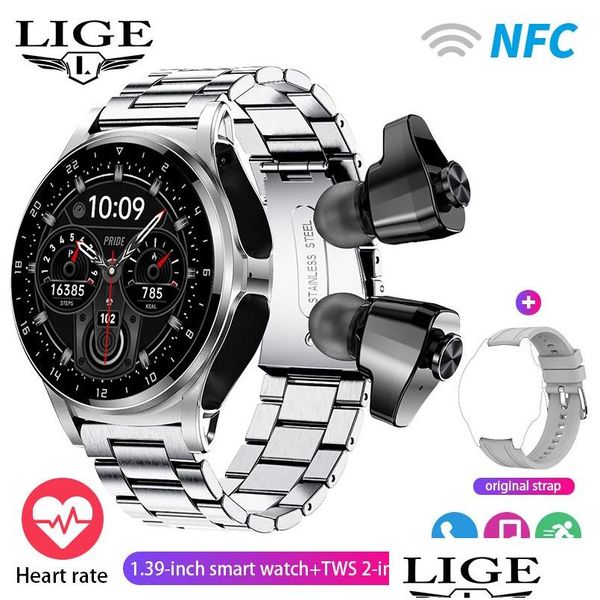 Orologi intelligenti Novità Lige Nfc Smartwatch Tws Auricolare Bluetooth Due in uno Display 1.39HD Ip67 Impermeabile Cardiofrequenzimetro Sport maschile Dh8Nw