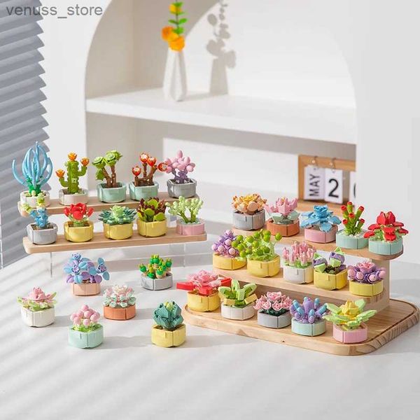 Blöcke Simulierte Blume Bonsai Topf Miniatur Landschaft Modell Anlage Serie Sukkulenten Bausteine Teil Landschaft Ziegel Spielzeug für Kind R231208