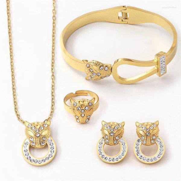 Collana di orecchini set in acciaio inossidabile 316L micro intarsiato con zirconi cuore testa di leopardo braccialetto orecchino anello gioielli da donna