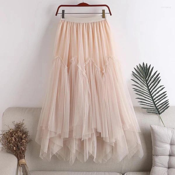 Saias Babyong Moda Irregular Hem Tiered Tutu Tulle Mulheres 2023 Verão Coreano Uma Linha Cintura Alta Plissada Midi Saia Longa Feminina